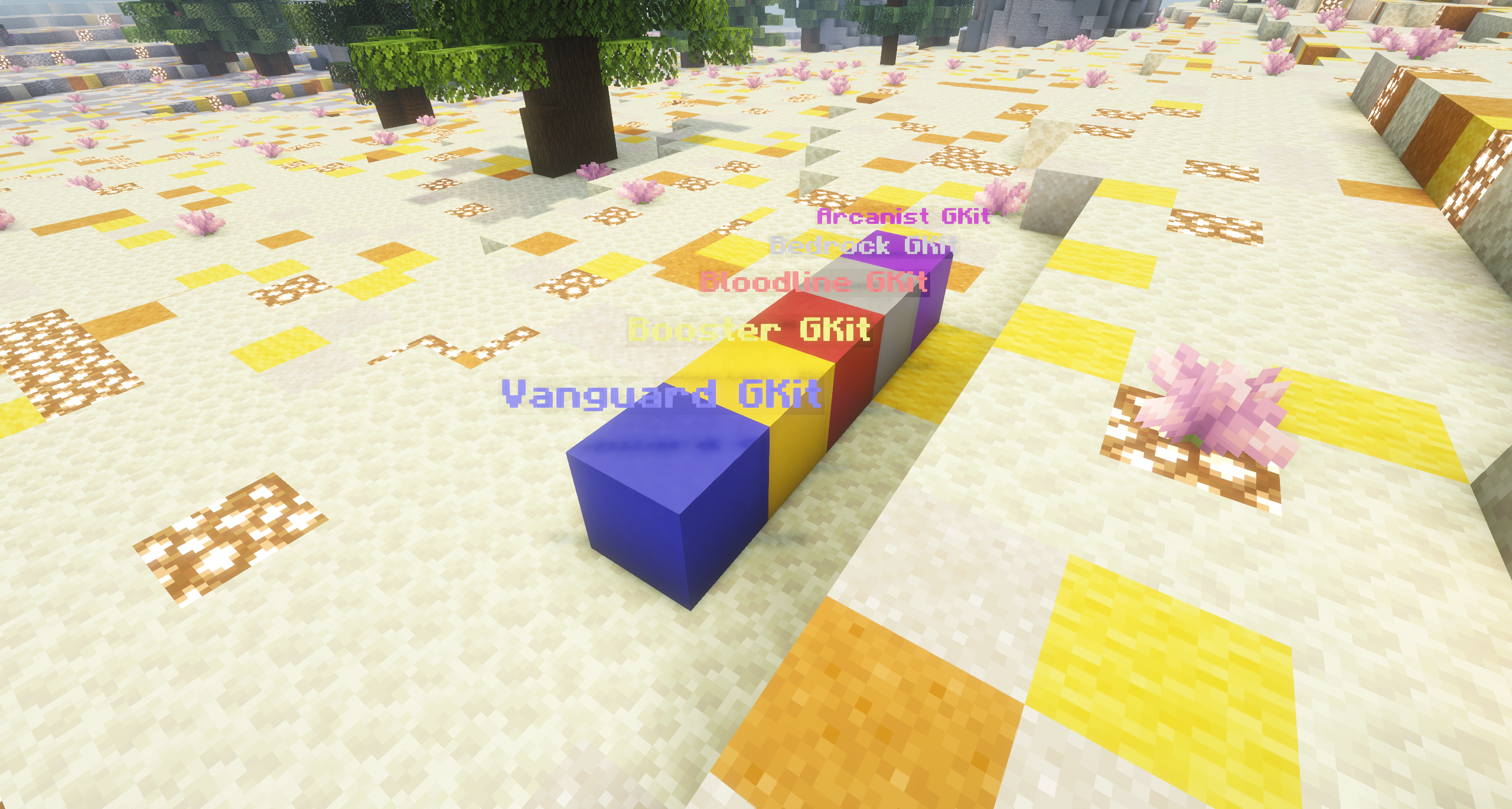 The five G-Kit types as colored blocks in the world: Vanguard (blue), Booster (yellow), Bloodline (red), Bedrock (gray), and Arcanist (purple)
