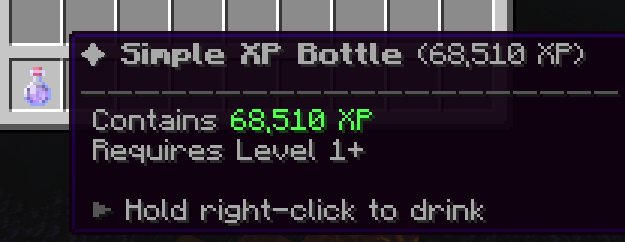 A Simple XP Bottle item showing 68,510 XP, requires Level 1+, hold right-click to drink