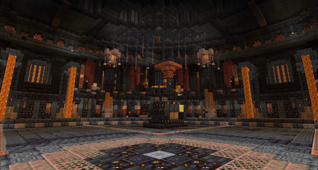 A round forge hall with lava channels, copper banners and anvil stations