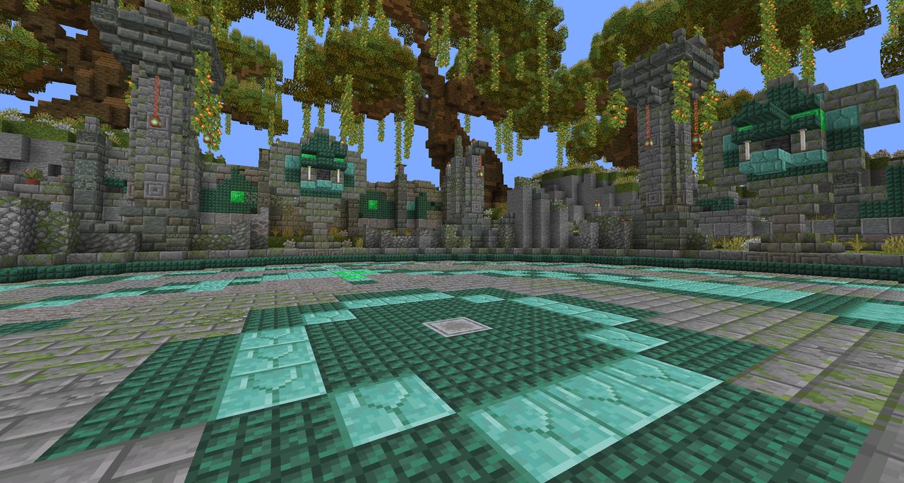 A mossy ruined temple courtyard with a prismarine pool floor under old trees