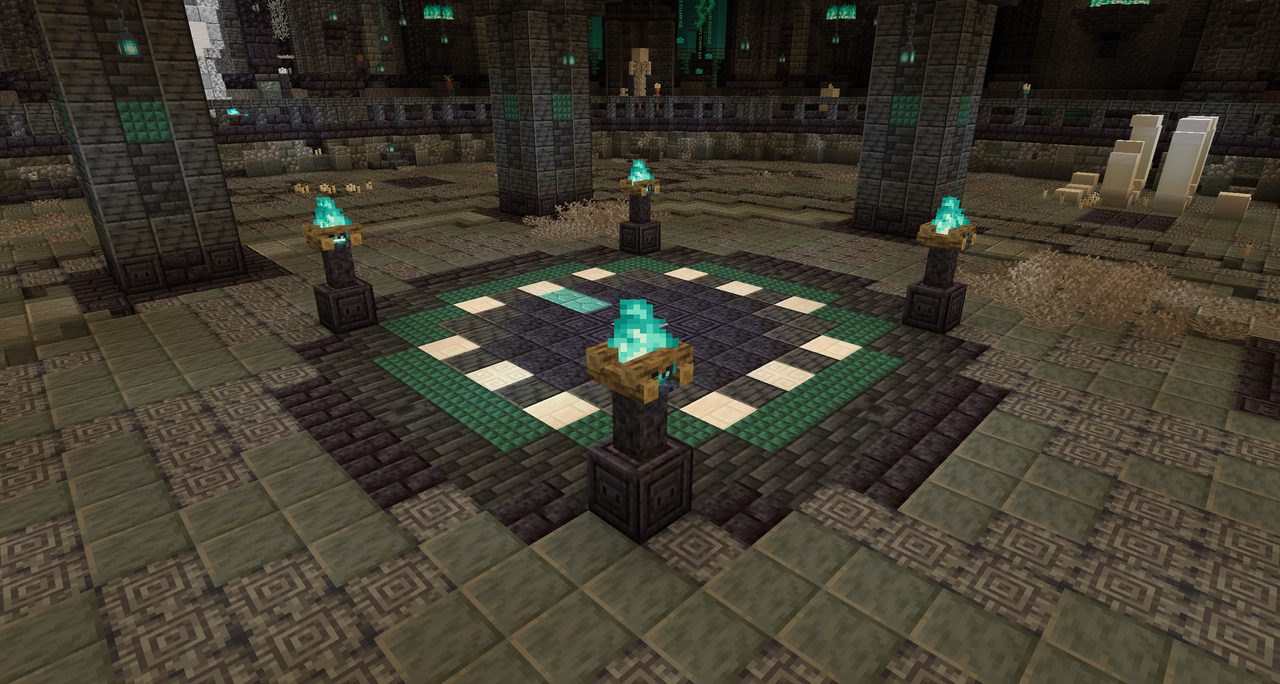 A dark stone crypt floor with a seal ringed by soul-fire braziers