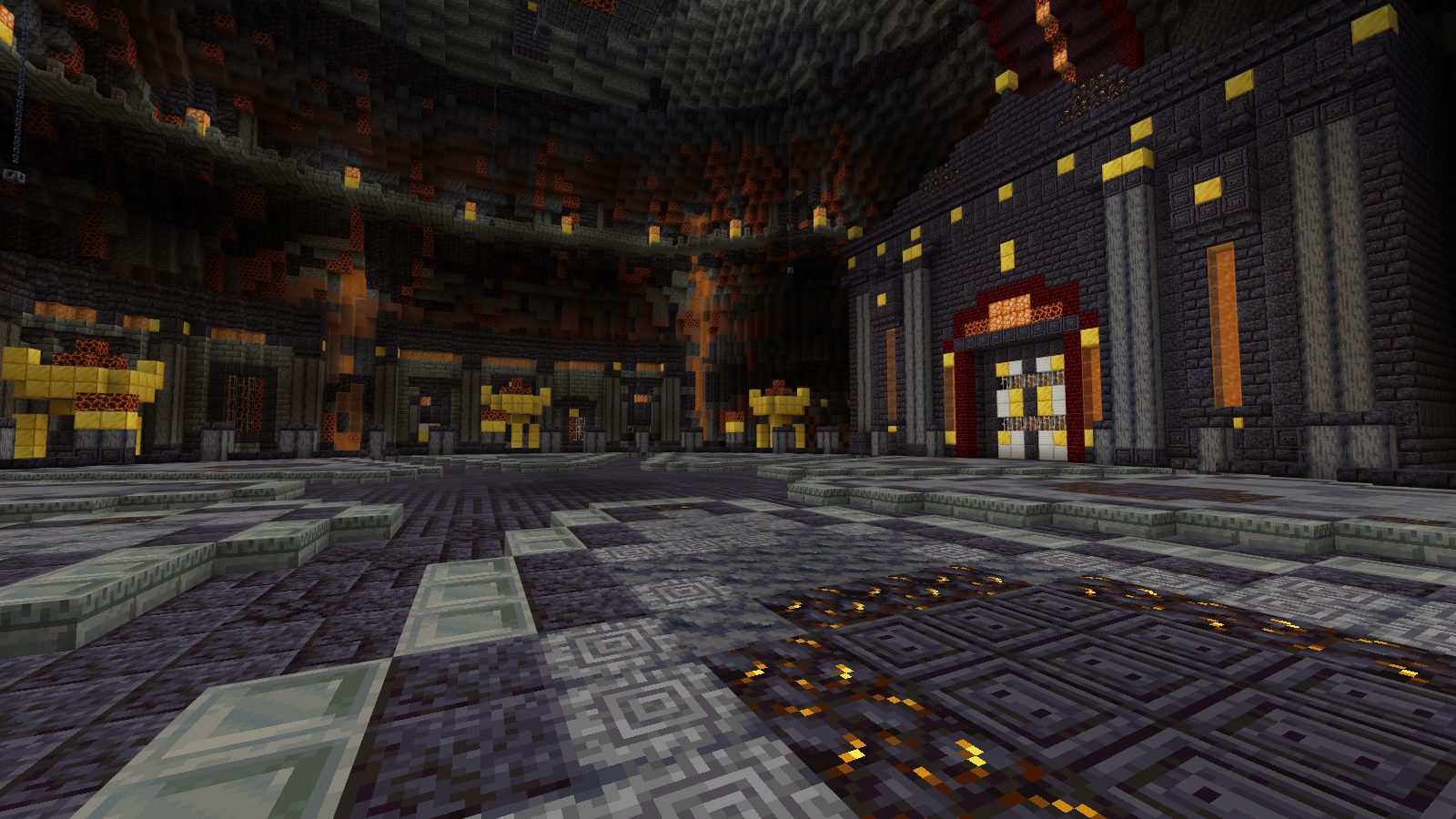 A dark forge hall with glowing floor cracks and gold braziers