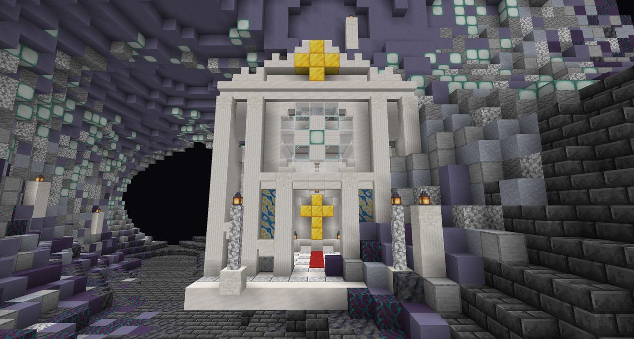 A small white calcite chapel with gold crosses in a crystal cave