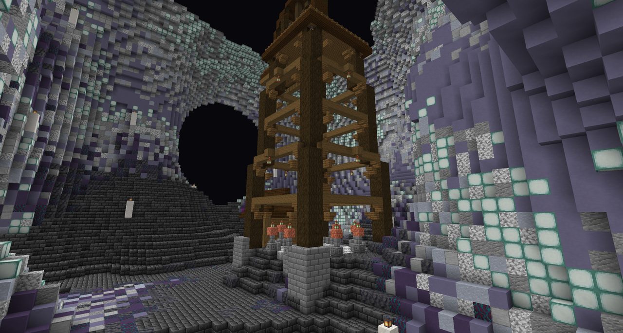 A timber mine headframe standing in a purple and white crystal cave