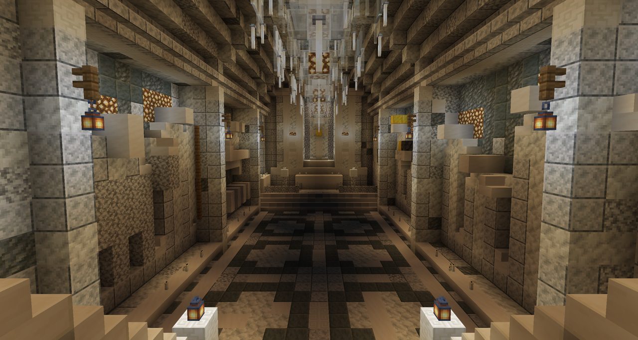 A long carved salt hall with chandeliers and a patterned floor