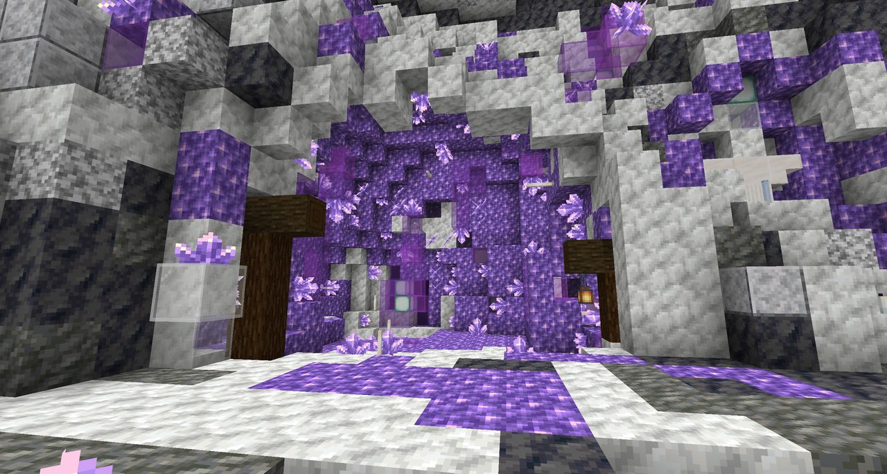 A salt grotto opening into amethyst crystal under timber beams
