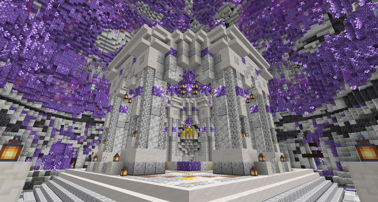 A white stepped sanctuary under an amethyst geode roof