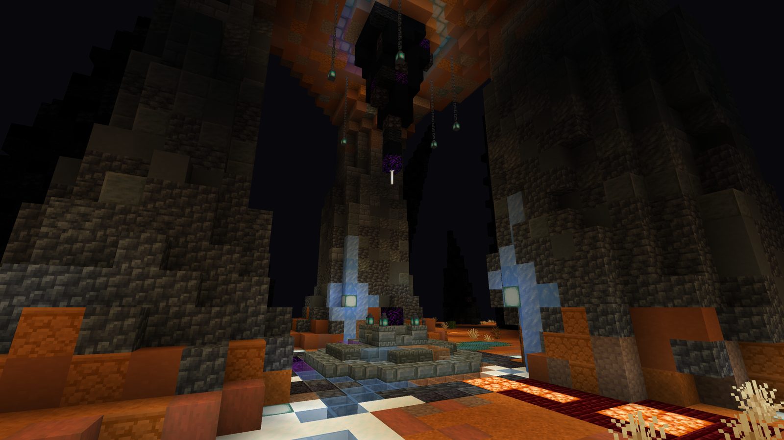 A stone altar under three rock pillars with blue ice rivers running to it