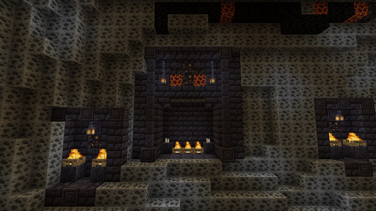 A blackstone forge gate with glowing coals set in a coal ore wall