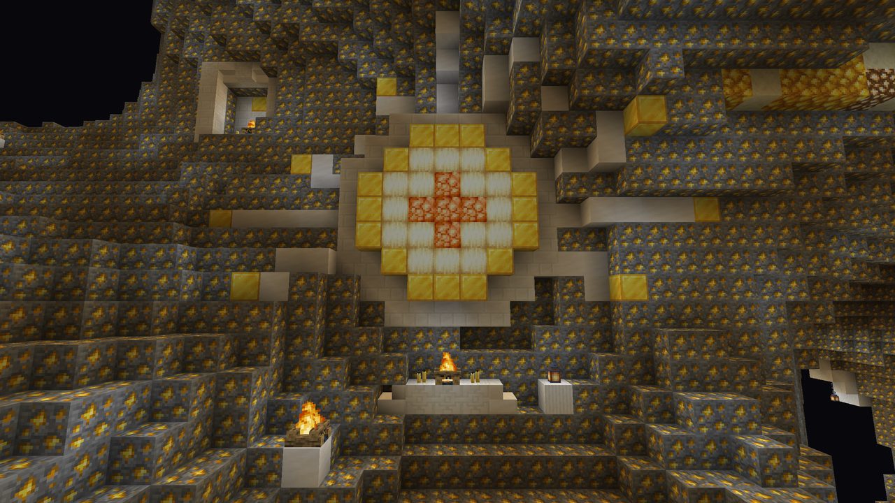 A gold sun disc with quartz rays spreading across gold ore