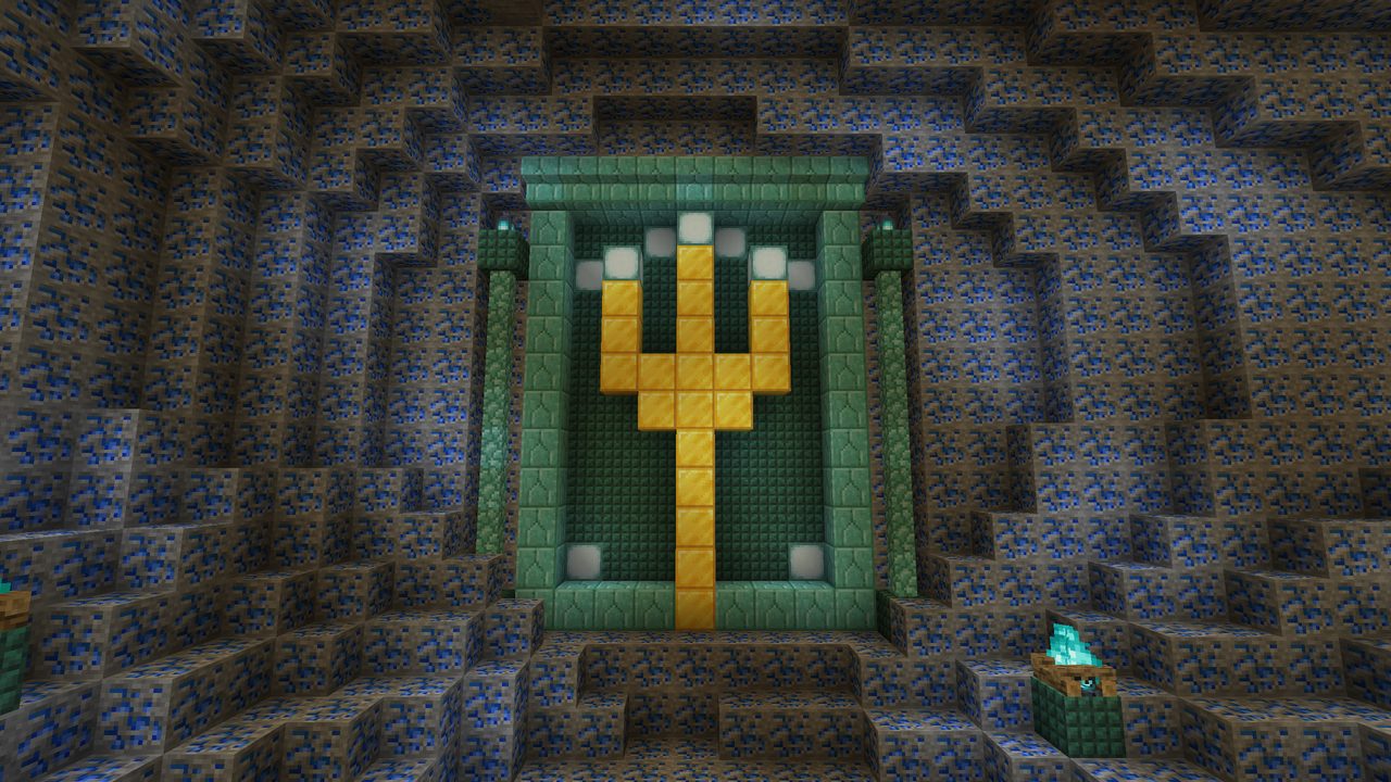 A gold trident on a dark prismarine panel set into lapis ore