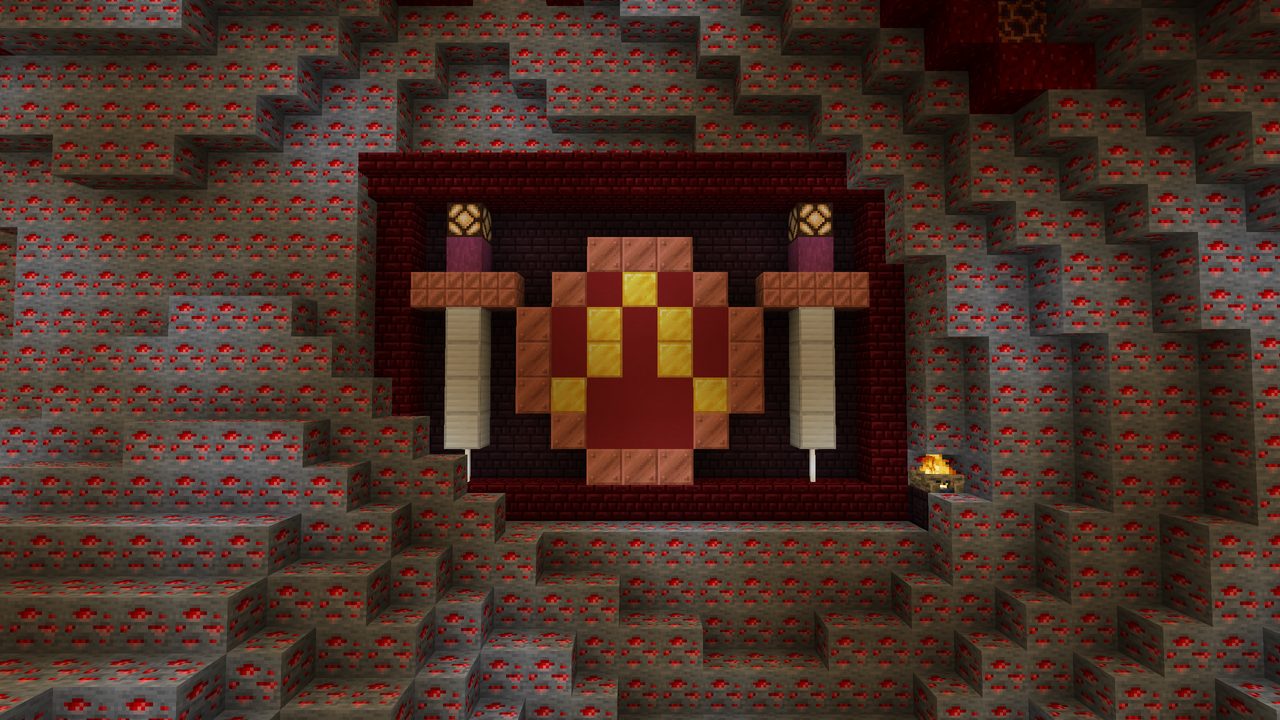 A red and gold shield between two iron swords on a redstone wall