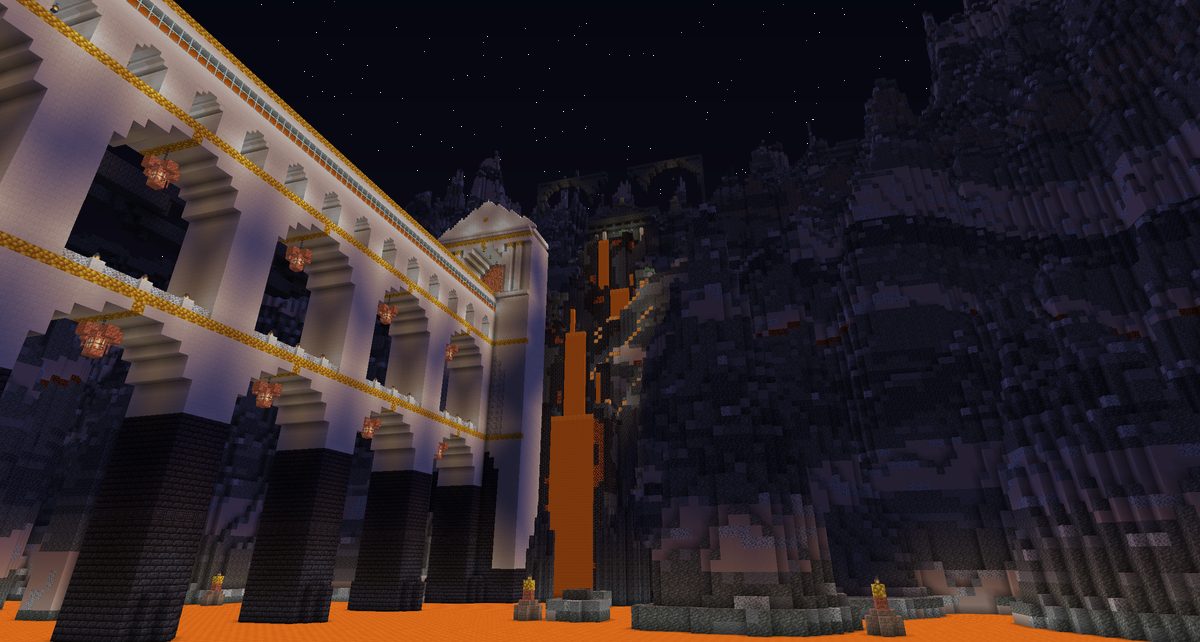 A pale stone aqueduct arcade beside a falling stream of lava