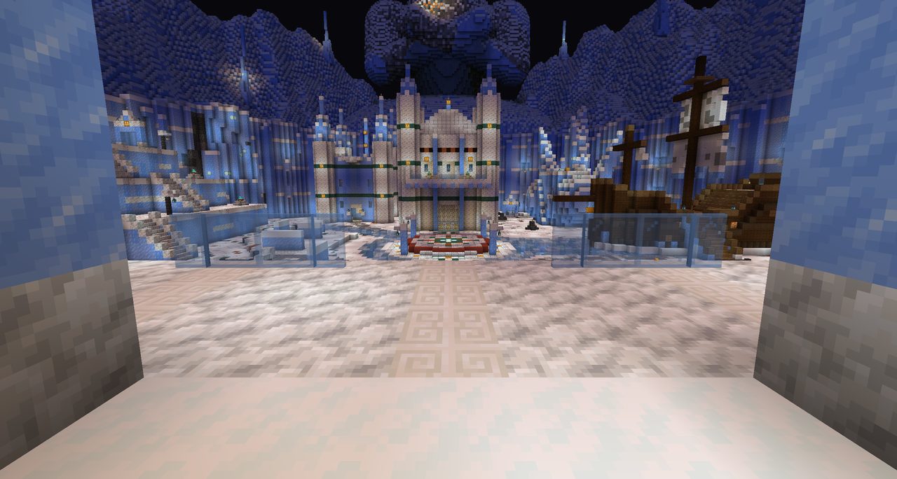A frozen arena with ice walls, a palace of ice and a ship stuck in the ice