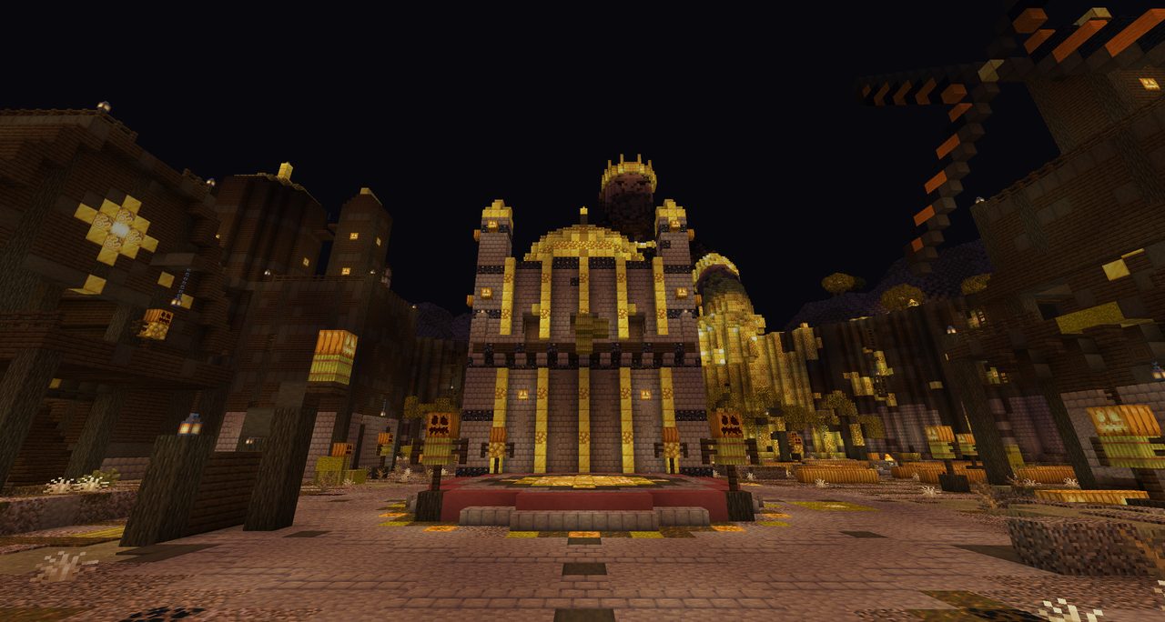A gold-lit treasury building at the end of a dark harvest field