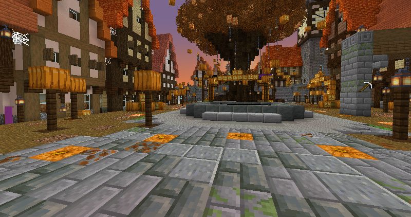 A timber town square with autumn trees and carved pumpkins at dusk
