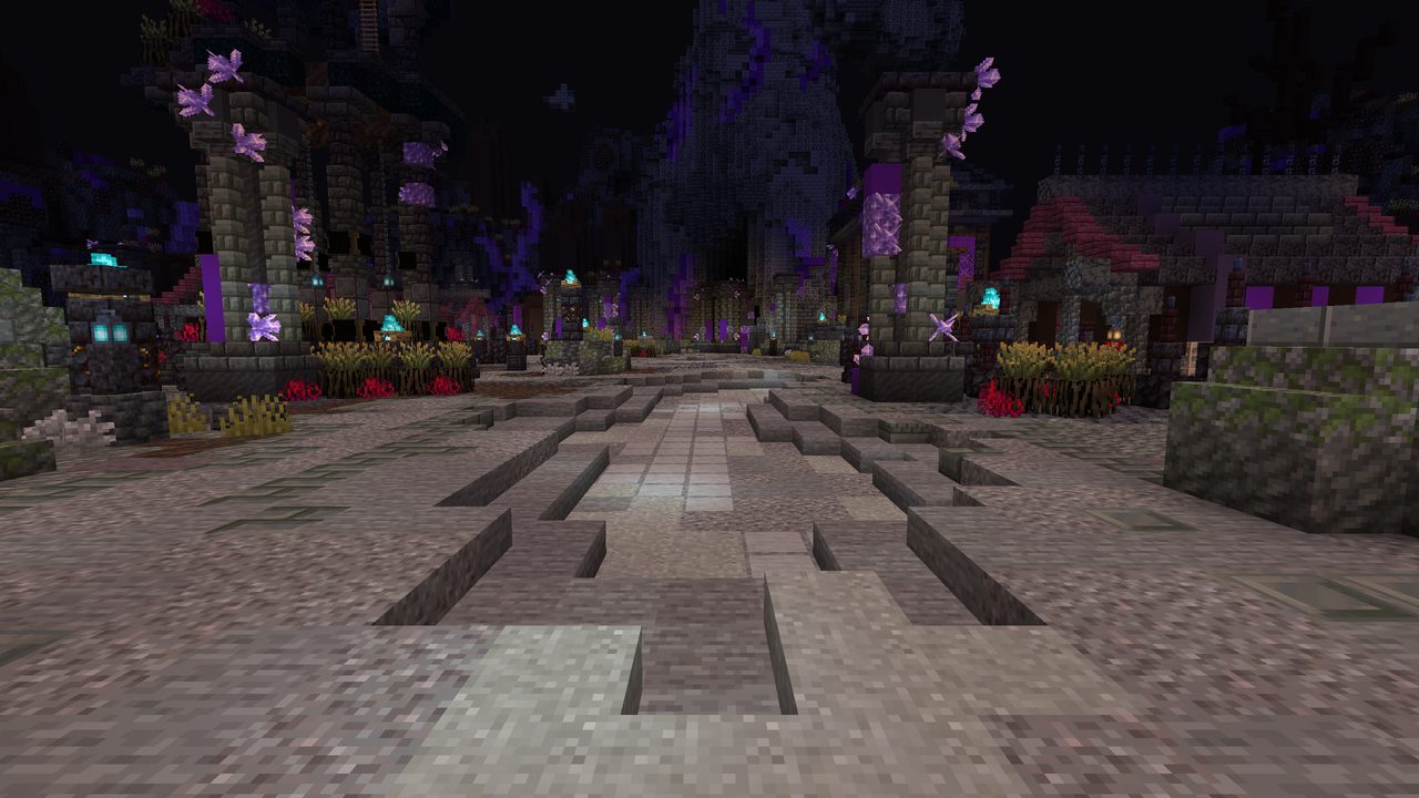 A paved road at night flanked by purple-lit shrines and soul lanterns