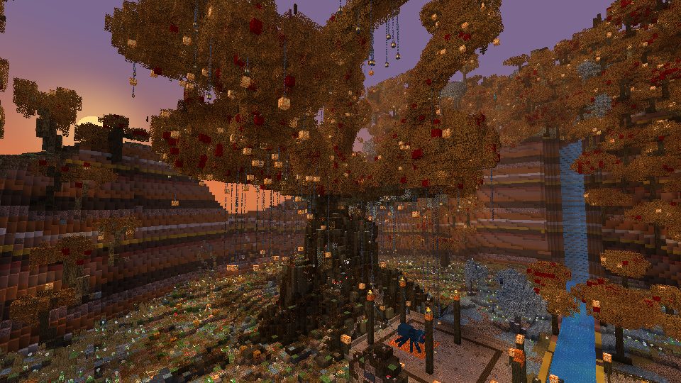 A giant tree with orange leaves and hanging lanterns beside a waterfall