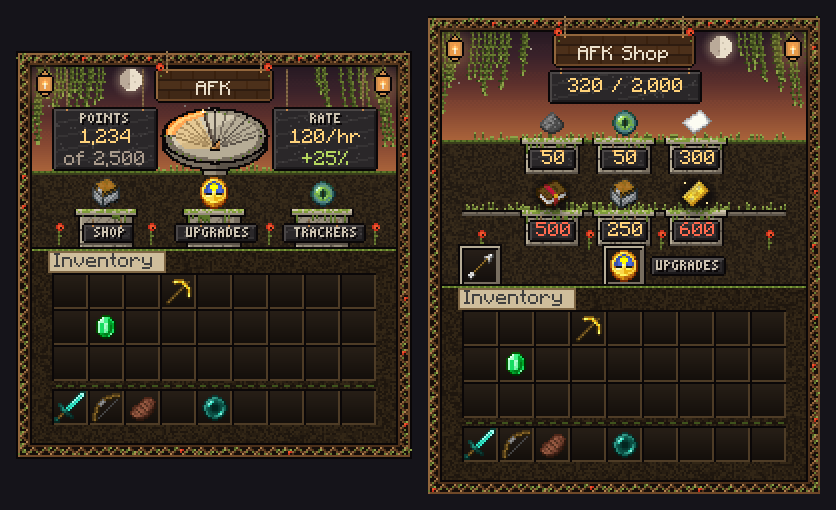 AFK menu with a sundial, points and rate under hanging vines, beside the AFK Shop on garden plinths.