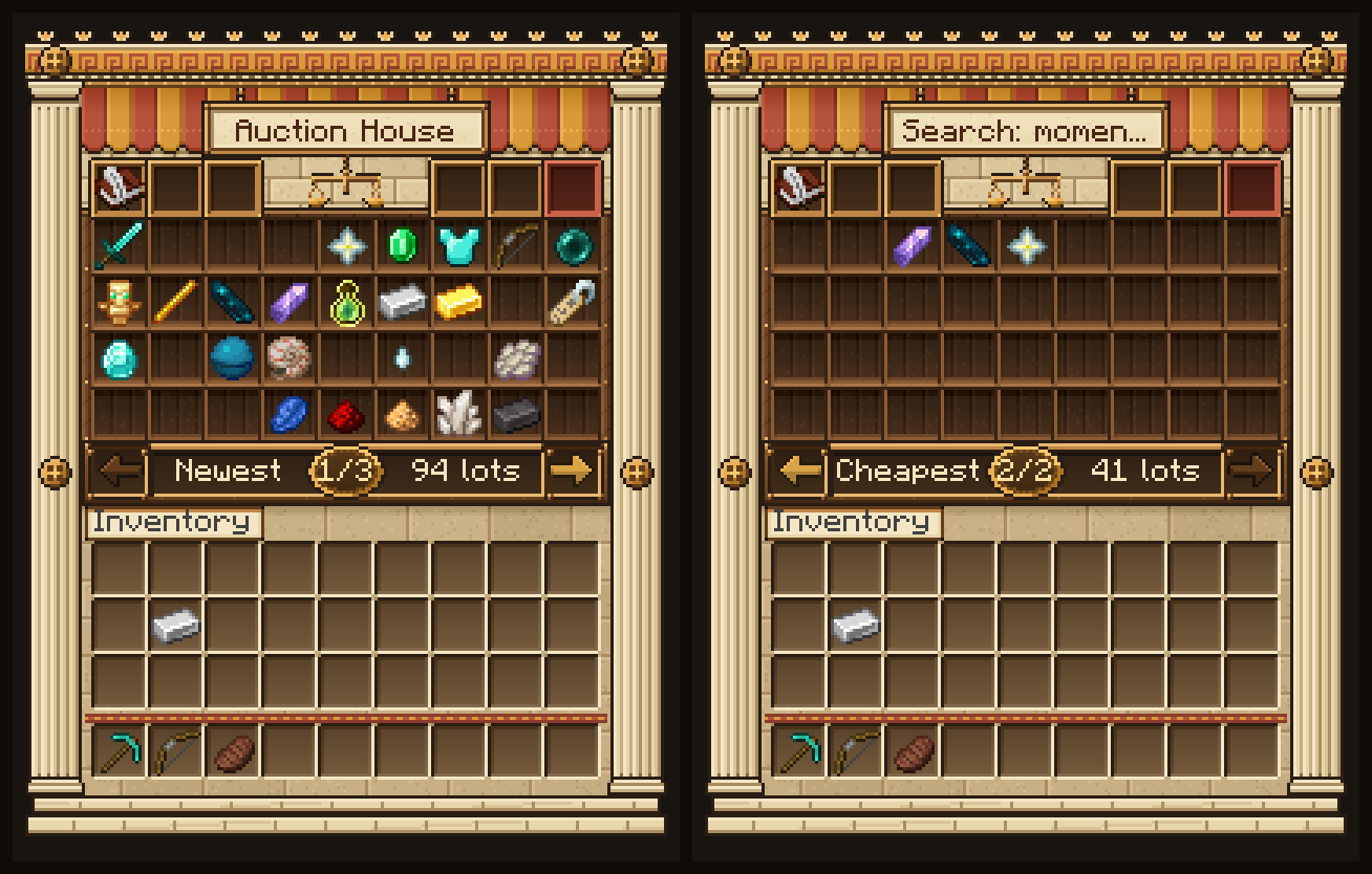 Two Auction House menus framed by marble columns, one browsing newest lots and one showing a search.