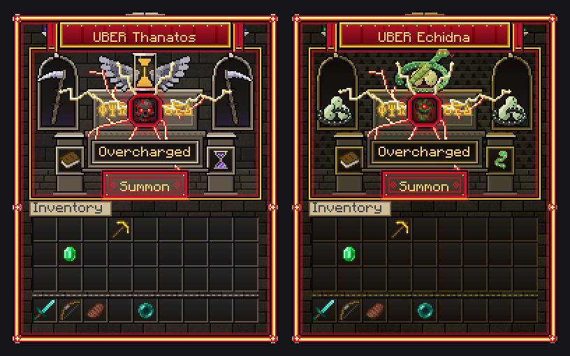 Uber Thanatos and Uber Echidna altars in red with lightning around the socket, marked Overcharged.