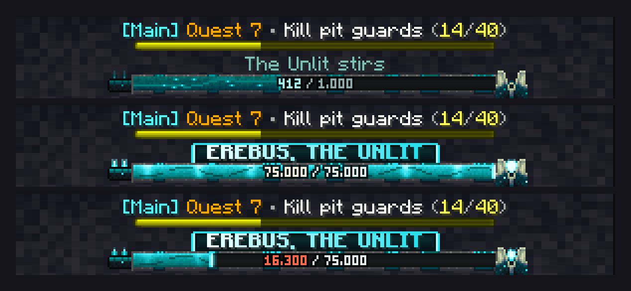 The Erebus Pit bar filling as the Unlit stirs, then the Erebus, the Unlit boss bar at full and low health.
