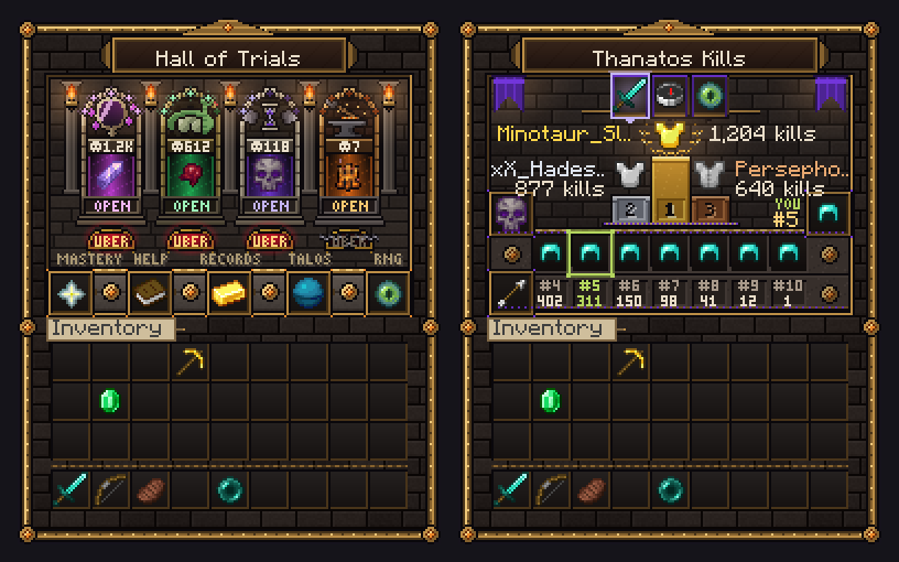 Hall of Trials with four boss doors and their kill counts, beside a Thanatos Kills podium leaderboard.