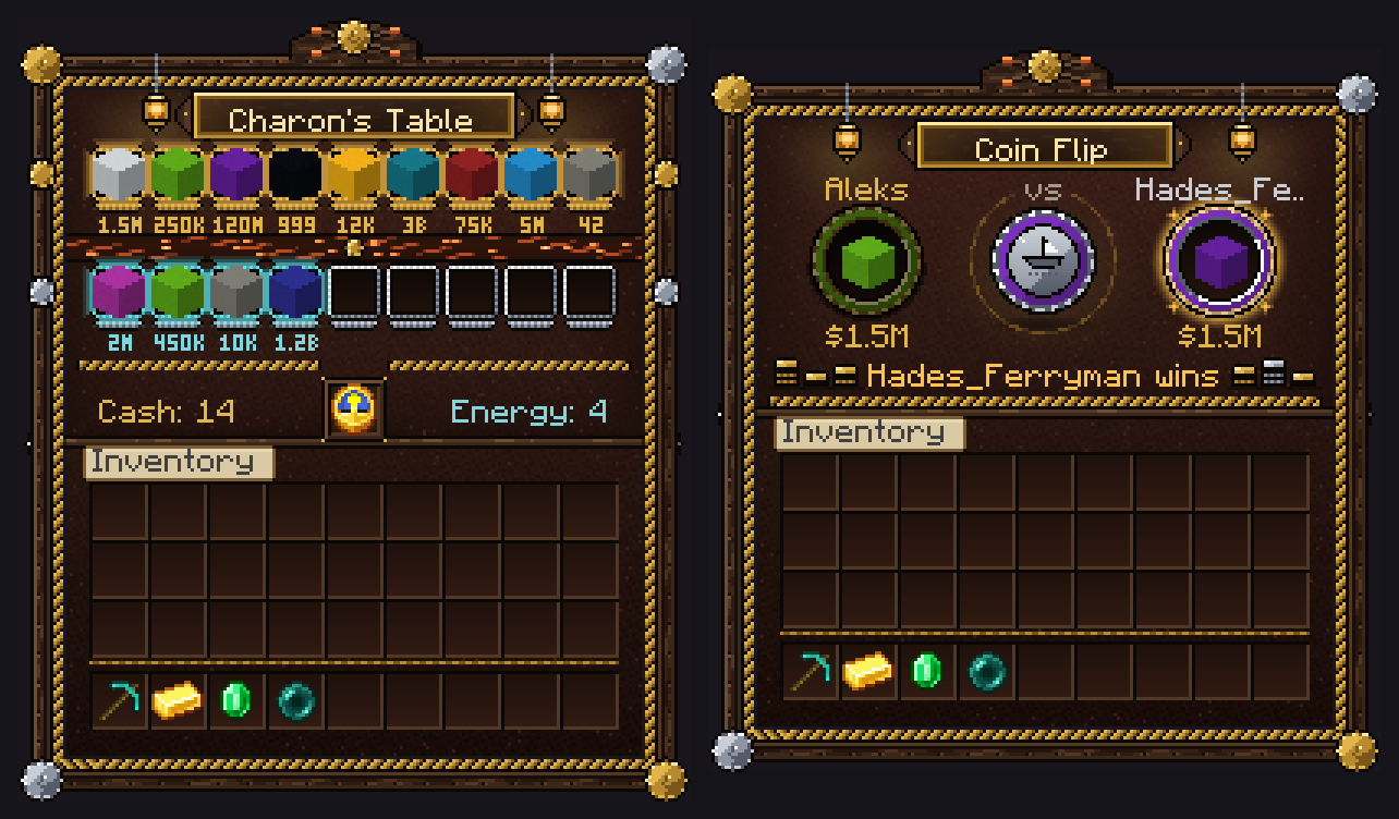 Charon's Table listing open coin flips as coloured blocks, beside a Coin Flip showing both players and the winner.