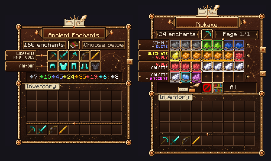 The Ancient Enchants codex with weapon and armour categories, and the pickaxe page listing enchant books by rarity.