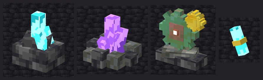 Four 3D models of excavation finds: a cyan crystal seam, a purple crystal nest, a green buried gear engine and an orbiting shard.