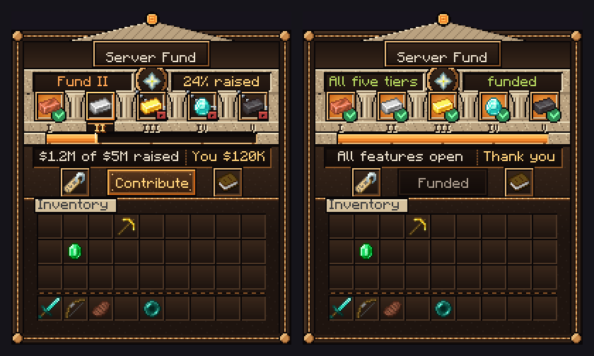 Server Fund treasury menus with five tier columns and a progress bar, one partly funded and one fully funded.