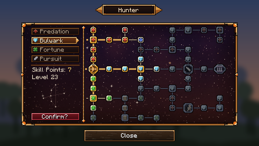 Hunter skill tree with Predation, Bulwark, Fortune and Pursuit tabs and lit nodes on a starfield.