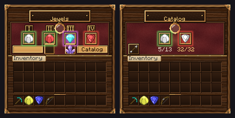 Jewels menu with four filled sockets on red velvet, beside the jewel Catalog picker.