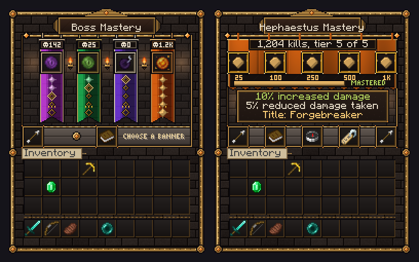 Boss Mastery overview with four boss banners, beside Hephaestus mastery at tier 5 of 5.