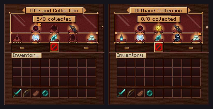 Offhand Collection cabinet with items on velvet stands behind glass, partly and fully collected.