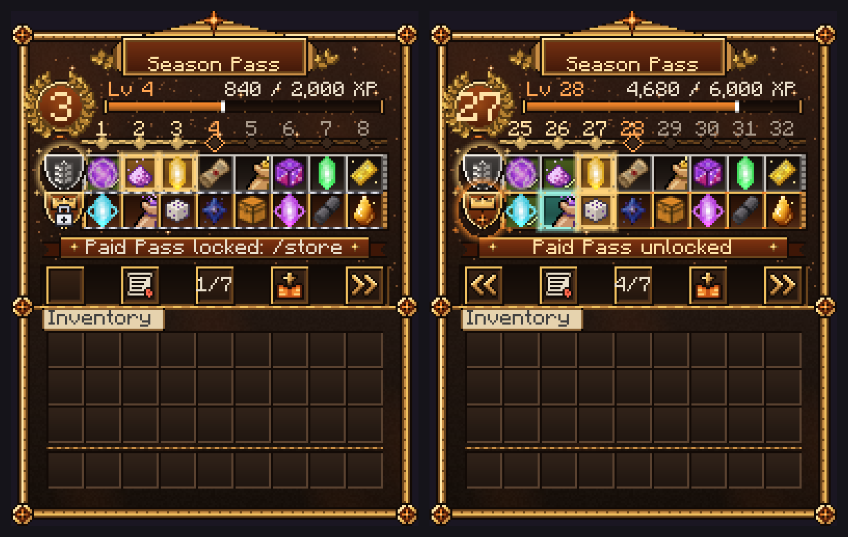 Season Pass menus with a level medallion, XP bar and two reward rows, locked and unlocked.