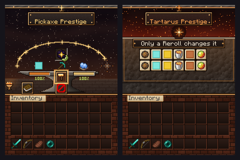 Pickaxe Prestige menu with an anvil beneath an arc of stars, beside the Tartarus Prestige perk picker.