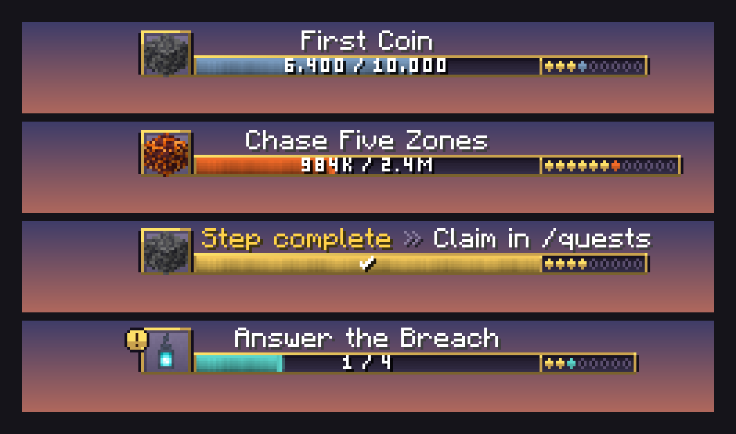 Quest progress bars at dusk showing the step name, progress count, step pips and a Step complete state.