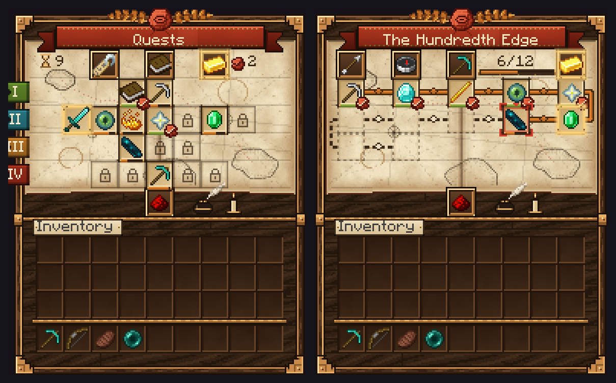 The Quests ledger with tiered chain rows, beside an open chain page showing linked steps and a progress bar.