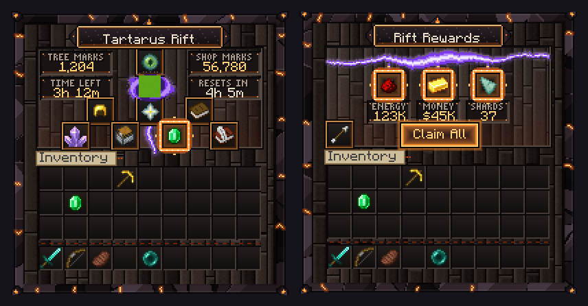 Tartarus Rift menu with marks, time left and a portal, beside Rift Rewards with a Claim All button.