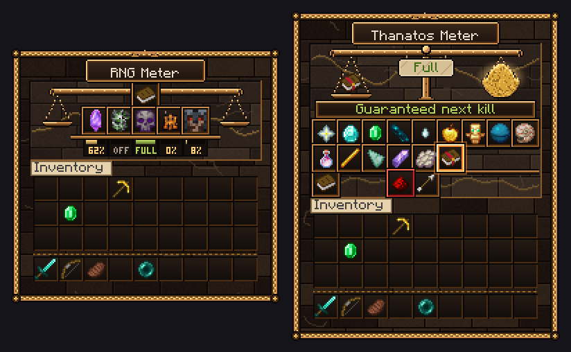 RNG Meter picker with boss drops on a scale, beside the Thanatos meter marked Full.