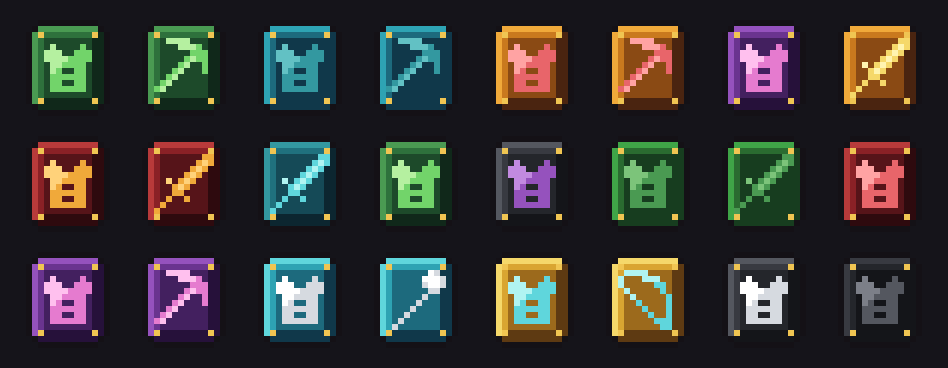Twenty four trim item icons: square riveted plates in different colours, each showing a chestplate, pickaxe or weapon.