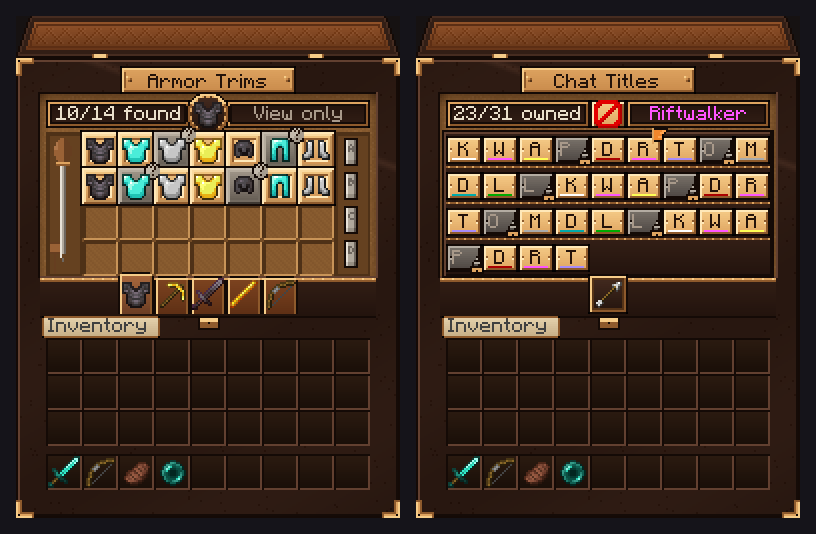 Armor Trims case showing found trims on armour pieces, beside the Chat Titles case.