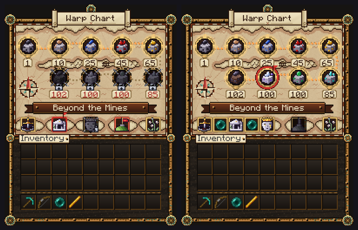 Two Warp Chart menus: a parchment map of mine icons with level plaques, the second with every mine unlocked.